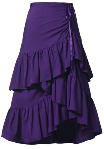 CAMDOM Jupe mi-longue superposée à volants pour femme avec ourlet asymétrique haut-bas Jupe taille élastique Jupe fluide d'été à ligne A, violet, XL-XXL