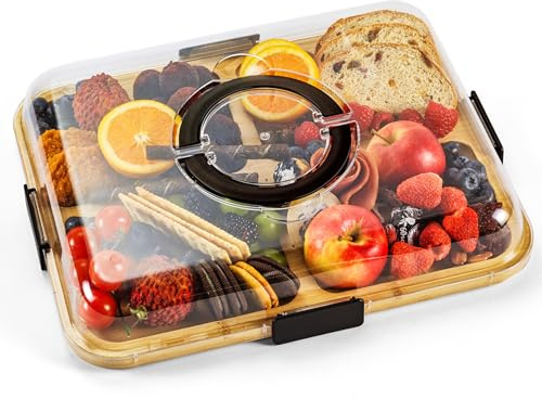 Charcuterie Board with Clear Lid, Portable 6-Compartment Cheese & Snack Tray, Reversible Bamboo Cutting Board, Secure Latch Closure for Picnics, Parties & Light Travel, Housewarming Gift