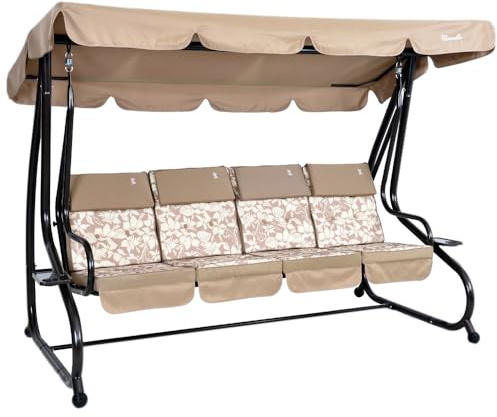 Dondolo reclinabile da giardino 4 Posti con funzione letto e tettuccio regolabile, cuscini imbottiti 7 cm con poggiatesta rimovibili e struttura in acciaio verniciato Mizar (Bronzo Hibiscus)