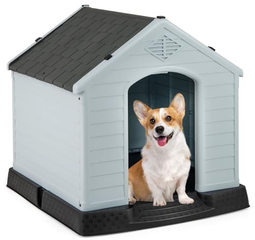 COSTWAY Casa de Plástico para Perros, Caseta Impermeable con Suelo Elevado y Válvulas de Aire, Ideal para Perros Pequeños y Medianos, Interior y Exterior (Blanco y Gris, 65 x 70 x 71,5 cm)