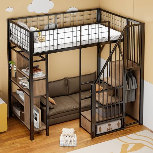 Kebnor Multifunktionales Hochbett,Metallbett mit Stauraum, Ablageflächen und Treppe, Erwachsenenbett und Kinderbett (Schwarz 90x200cm)