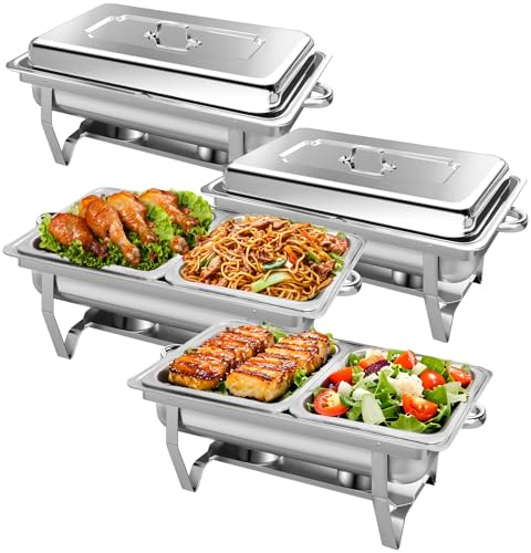 PRIJESSE Chafing Dish, Rectangle 4 Pack Stainless Steel Food Warmer Kit | Buffet Serving Utensils, with Lids 1/2 Size Food Pans and Fuel Holders for Restaurant Catering Parties Weddings