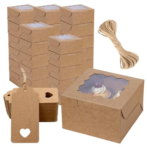 Keksschachtel mit Sichtfenster, 30 Stück Cupcake-Boxen, Papieretiketten | Bäckerei Boxen mit Juteschnur, Bäckerei Box für Gebäck Macaron Cookie Cupcake (10×10×6.5cm)