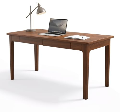 Moderno escritorio nórdico de madera maciza para computadora, escritorio de 39 pulgadas con 2 amplios cajones deslizantes, fácil de montar, elegante mueble de oficina en casa en acabado de nogal
