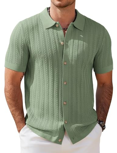 COOFANDY Herrpikétröja kortärmad stickad krage knäppt fläta för sommar golf sport fritid, Ljusgrön, XL