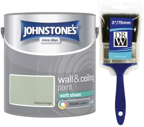 Natural Sage Johnstone’s Wall & Ceiling Soft Sheen Paint 2.5L + 3 Brush – Subtle Sheen Finish, Durable & Washable, Quick Dry, Low Odour Interior Paint for Walls & Ceilings