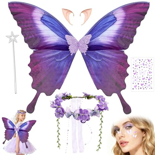 TZEKING Alas de Hada para Adultos y Niños, Alas de Mariposa con Orejas de Elfo, Diadema de Hada y Varita de Estrella, Disfraz de para Carnaval, Halloween, Cosplay, Cumpleaños