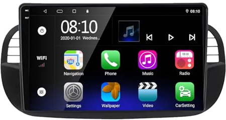 2 Din Car Radio for FIAT 500 2007-2015 9 Inch Android 15 Digital Media Receiver with Bt Gps Navigation Wifi Fm Rds Radio Carpaly Backup Camera Cooling Fan For, 8 Core 4G+64G
