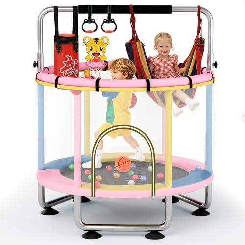 SOFTHOM Trampolin Kinder, 150cm Kindertrampolin, Trampolin Outdoor/Indoor für Kinder mit Verstellbares Turnstange, 250KG Belastbar, 360° Sicherheitsnetz, Basketballkorb, Schaukel, DREI Farben