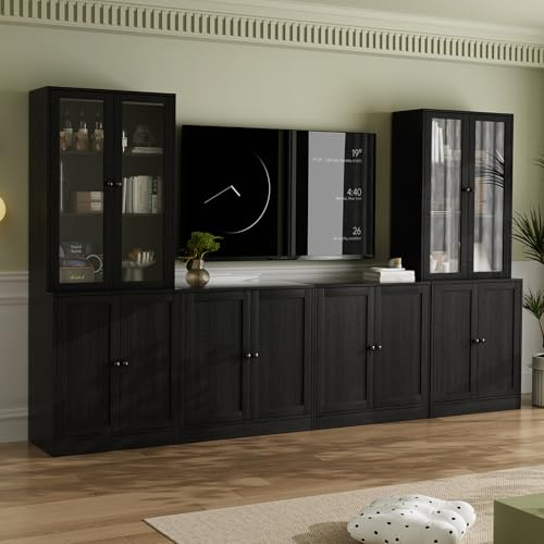 VOWNER 4PSC Großer TV-Schrank mit Bücherregalen für Fernseher bis zu 70 Zoll, 280 cm Long TV Ständer mit Gehärteten Glastüren und Einlegeböden, Fernsehschrank für Wohnzimmer, 2B+2E (Schwarz)