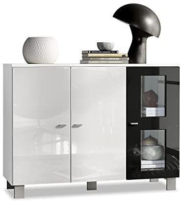 Vladon Buffet Denjo, Commode avec 3 Portes, Blanc Mat/Blanc Haute Brillance/Noir Haute Brillance (107 x 81 x 35 cm)