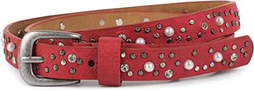 styleBREAKER cintura sottile con borchie, perle e strass, cintura borchiata vintage, accorciabile, da donna 03010086, colore:95cm, colore:Bordò-Rosso
