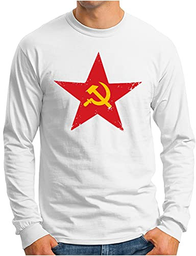OM3® Retro Soviet-Star Langarm Shirt - Herren - UDSSR Hammer und Sichel - Weiß, XL