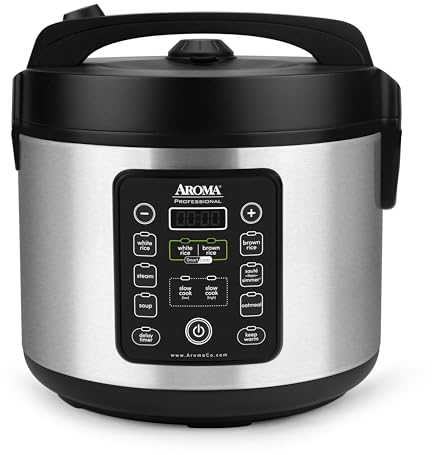 Aroma Housewares ARC-1120SBL SmartCarb Cool-Touch - Multicocina de arroz de acero inoxidable al vapor, olla de cocción lenta con olla interior antiadherente y bandeja de vapor, 20 tazas (cocinadas), 5