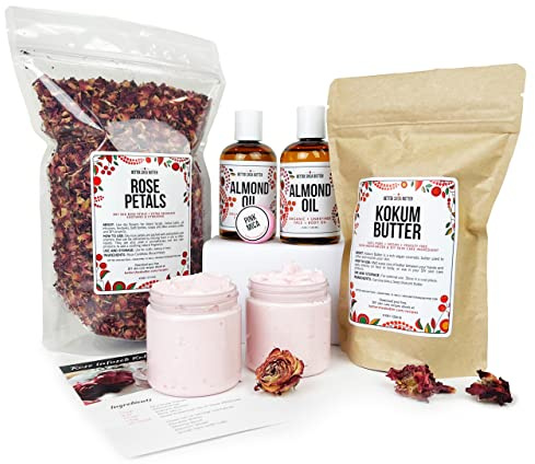 Better Shea Butter Body Butter Making Kit, Includes Kokum Butter, Almond Oil, Dry Rose Petals, Pink Mica, 2 Jars & DIY Recipe Card with Link to Video Tutorial - Natural Whipped Body Lotion Making Kit