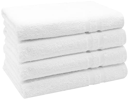 ZOLLNER 4er Set Duschhandtücher in 70x140 cm - Flauschige Duschtücher aus Baumwolle - mit moderner Streifenbordüre - waschbar bis 95°C - mit praktischem Aufhänger - in weiß- Hotelqualität