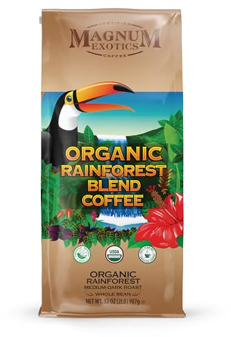 Magnum Exotics Organic Rainforest Blend Whole Bean Coffee - Coffee Beans Medium Dark Roast, Caffeinated, Roasted Bulk Brew, Rich & Smooth Flavor, Fresh Roast - 32 oz (2 lb) Bag
