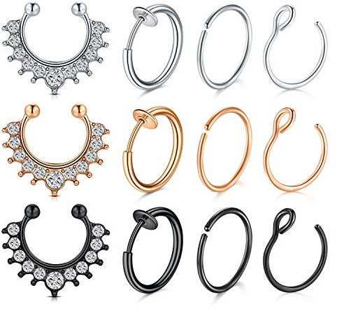 Rajnard falsk näspiercing, falsk piercing i kirurgiskt stål för näsa, helix och tragus. Falsk labret-stift utan hål, smycken för kvinnor och män., Metall