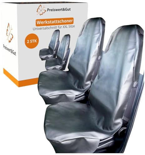 Preiswert & Gut 2X Werkstattschoner Kunstleder Sitzbezug XXL 66x149 cm schwarz für Vordersitze wasserabweisender Sitzschoner Set elastischer Zug Seitenairbag Aussparung für Van SUV Transporter