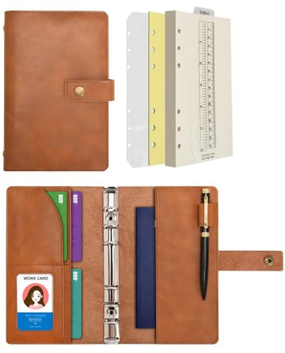 Wonderpool Carnet de notes rechargeable en cuir - Papier à pois intérieur en cuir véritable pour le travail de voyage et l'organisateur (Brun, A6)