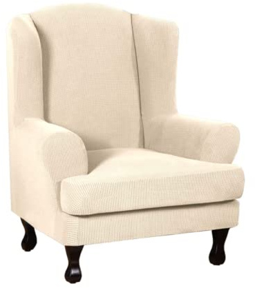 GAMUKAI 2-Piece Wingback Chair Slipcover Set - Stretch Jacquard Furniture Covers (Base + Seat Cushion), Form-Fitted Protector for High Back Chairs, Machine Washable (Nature)