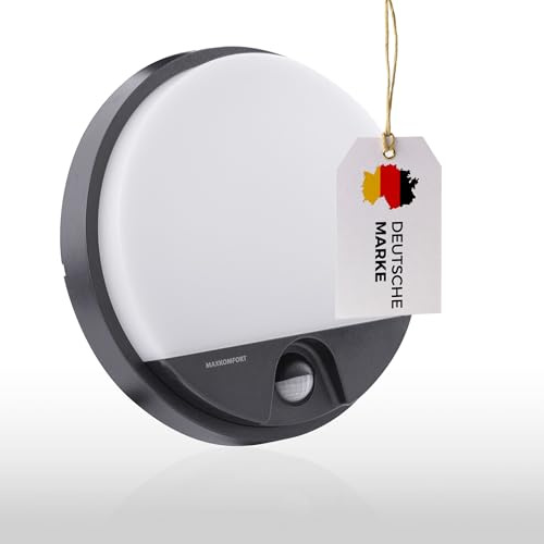 Maxkomfort LED Außenwandleuchte mit Bewegungsmelder Schwarz – 15W 4000K Neutralweiß IP54 Rund – Außenlampe für Wandmontage mit Sensor