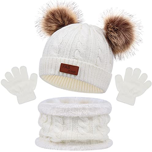 Chaud écharpe et Gants Bonnet Ensemble pour Enfants, Enfant Hiver Tricoté Tour de Cou Chaud Bébé Gants Bonnet, Hiver Accessoires Ensemble Set de 3 Pièces, pour Fille Garçon 1-6 Ans (Blanc)