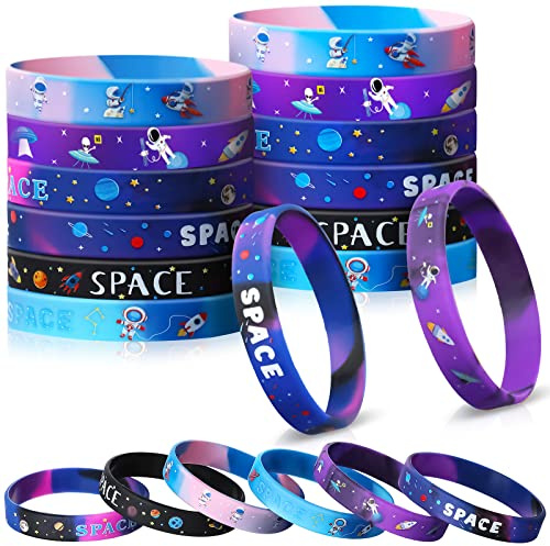 Aoriher 24 Pezzi di Braccialetti in Silicone per Feste nello Spazio Esterno Bracciali in Gomma con Motivo di Astronauta Alieno Stella e Galassia per Bambini Regali per Compleanno a Tema Spaziale