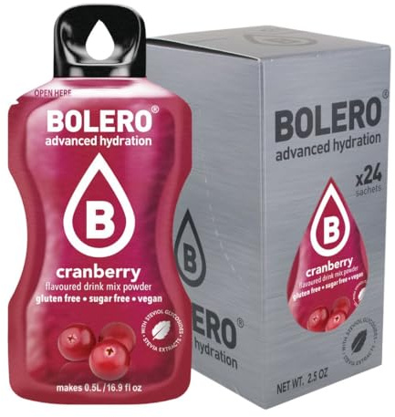 Bolero Drink 24 bolsitas 3 gr Sticks Frutas Preparado Polvo Soluble Para Bebida Fresca en Agua Producto, 72 gramos endulzado con stevia (Cranberry)