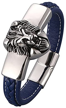 KnSam Bettelarmband Herren, PU Leder Armband Herren Personalisiert Löwenkopf Leder Armband Geflochten Edelstahl Handhandgelenk Kette Silber mit Magnet Verschluss, Länge 16.5CM Pärchen Geschenk