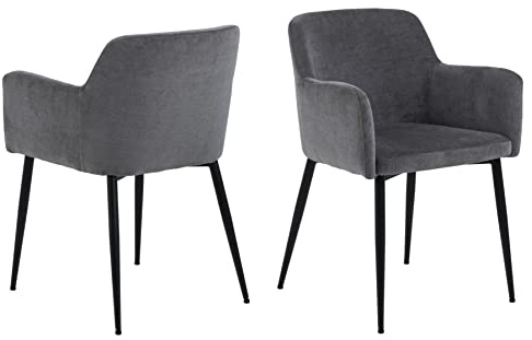 AC Design Furniture Karla Esszimmerstühle mit Rückenlehne 2er-Set, Gepolsterter Esszimmerstuhl im modernen Stil, dunkelgrauer Gepolsterter Stoffsitz mit Schwarzen Metallbeinen, Bürostuhl ohne Rollen