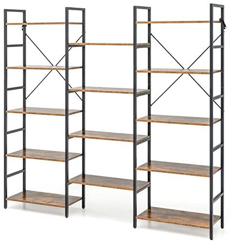 CASART Triple Wide 5-Tier Bookshelves, Industrial Bookcase Ladder Bookshelf with 14 Open Shelves & Metal Frame, Anti-Toppling Display Shelf for Living Room Study Bedroom Office (176 x 30 x 165cm)