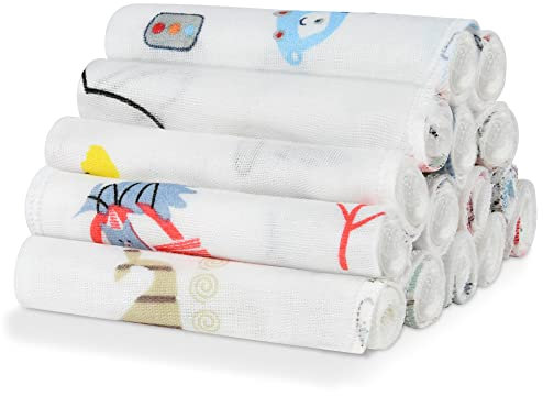 Aolso Musselin Waschlappen, 15 Stück Bio-Baumwolle Baby Waschlappen, Mehrzweck Baby Handtücher Set, Quadratisches Babyhandtuch, Saugfähig, 20 * 20cm