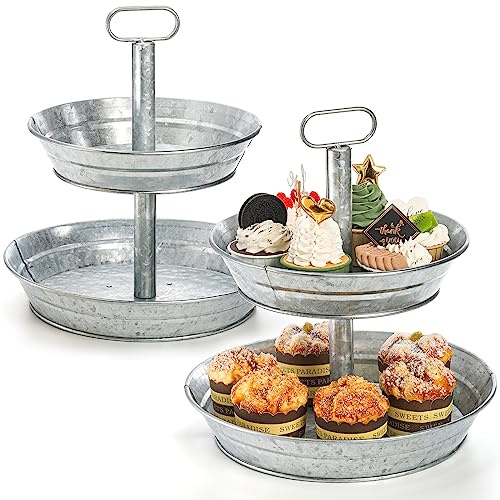 Okllen 2 Stück verzinkter Servierständer, Metall, 2 Etagen, Cupcake-Tablett-Ständer, Vintage-Dessert-Vorspeisen-Ständer, rustikaler Ständer für Haus und Garten, Landhaus, Küche