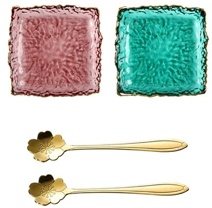 soulnioi Glass Crystal Square Plate Gold Inlay Serving Plate Clear Salad Plate Multipurpose Tray Decorative Plate with Sakura Coffee Spoon for Fruits Salad Dessert-Purple & Lake Green