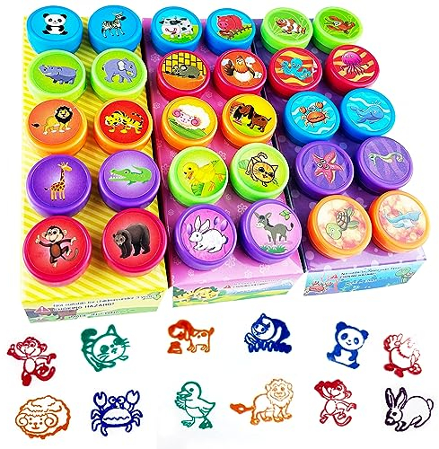 Nutabevr 30 Piezas 5 Colores Disponibles Animals Stamps Conjunto Sellos,Sellos infantiles colores,para Jugar sobre Papel Juguetes Artesanales, Fiesta Infantil Premios Escolares Regalo de Cumpleaños