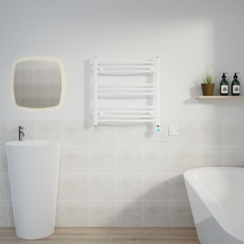 Warmehaus Electric Towel Rail Curved White Thermostatic Timer 600x600mm | 4 Timer Settings, LCD Display, Child Lock, T Piece, Prefilled, Ladder Style, Towel Warmer Radiator for Bathrooms