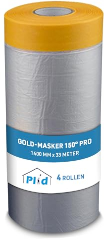 Plid® Gold-Masker 150° Pro Abdeckfolie mit Klebeband [4x1400mm] - Hochwertiges Abklebeband mit Folie - Kombiniertes Goldband Klebeband Innen- und Außenanstriche - UV-Resistent & scharfe Farbkanten