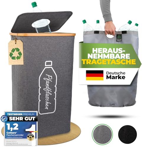 COTTARA® Pfandflaschen Sammelbehälter mit Deckel inkl. Tragetasche | Pfandbehälter mit Einwurf | Ideal als Pfandflaschen Behälter Flaschensammler Leergut Sammelbehälter für Küche 100L (Grau)