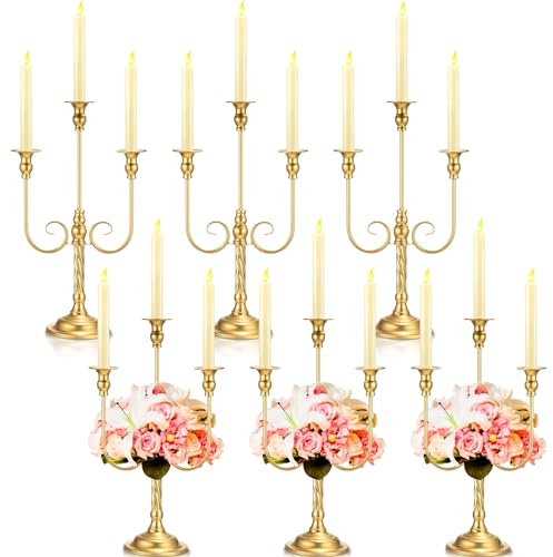 Rtteri 6 Pcs Gold Candelabra Candlestick Holder Metal Candle Stand Candelabra for Taper Candles Table Centerpieces Wedding Christmas Holiday Birthday Party (9.5 x 9.5 x 19.7 Inch,3 Arm)