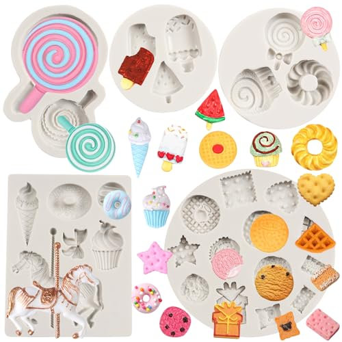 FCKEMLDS Juego de 5 moldes de silicona de carrusel para helado, paletas, piruletas, fondant, dona, oreo, galletas, fondant, decoración de pasteles, cupcakes, chocolate, caramelo, goma de mascar, pasta