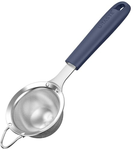 U-Taste finmaskig sil: Kökssil av 18/8 rostfritt stål, liten metallsil med nitade, robust silikonhandtag för siktning av mjöl, dropp av te, ris, Quinoa (midnattsblå, 8,5 cm)