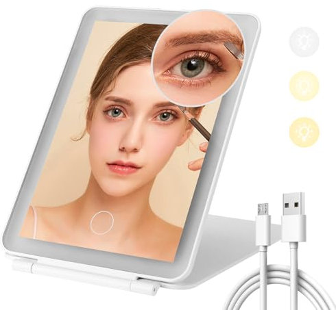 Farerkass Specchio Trucco Ricaricabile con Luci, 3 Modalità di Luci Specchio da Tavolo Pieghevole con Mini Specchio Ingranditore 10x, Specchiera Trucco Luminosità Regolabile per Uso Domestico (Bianco)