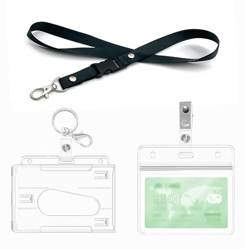 Ausweishülle mit Lanyard,Schlüsselanhänger, Clips, harter klarer Abzeichenhalter, Durchsichtige Kartenhülle,Badge Holder Karten für Ausweishalter,ausweishüllen, (1 Set Horizontal)