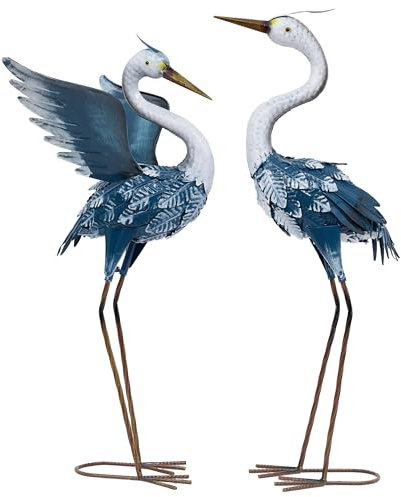 TERESA'S COLLECTIONS Gartendeko für draußen, Fischreiher Metall Kraniche Gartenfiguren für Teich 2er Set 66/63cm große Vogel Kranich im Rost-Optik Dekofiguren Fischteich,Geschenke für Frauen(Blau)