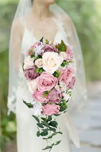 Hochzeitssträuße, Brautstrauß 8,7 Zoll Altrosa, Wasserfall Künstliche Champagnerrosen Brautsträuße Hochzeitsblumen for Zeremonie Jubiläumsfeier Heimdekoration