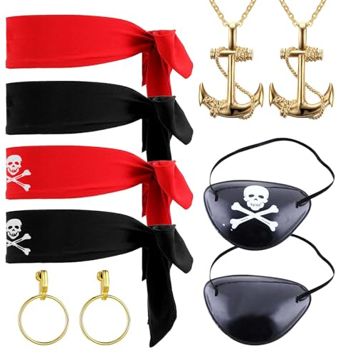 SKHAOVS 10-teiliges Kapitäns-Piratenkostüm-Zubehör-Set, Piraten-Kostüm-Zubehör, Piraten-Bandana, Augenklappen, für Halloween, Piratenparty, Piratenzubehör für Halloween-Piratenparty