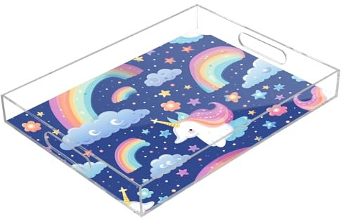 Rainbow Unicorn Acrylic Serving Trays, Clear Rectangular Tray with Handles Serving Platter for Coffee Table Kitchen Bathroom