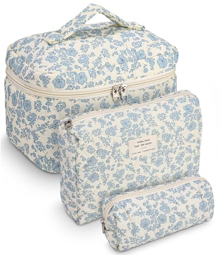 Goxiry Set med 3 kosmetikväska blommig makeupväska lätt necessär damer casual necessär sminkväska för kosmetika, toalettartiklar, elektroniska tillbehör blå