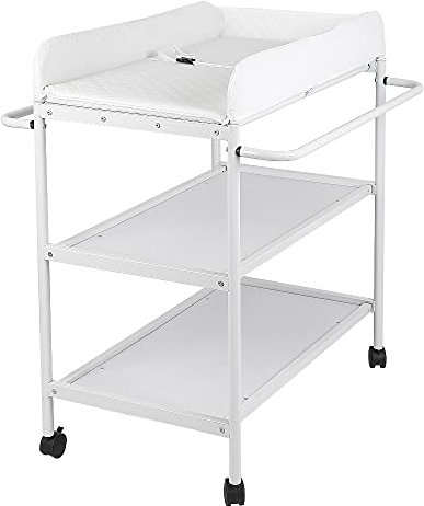 homewell 2 in 1 Baby Wickelkombi mit 3 Ablageebenen und Beidseitigen Handtuchhaltern, Reisewickelkommode mit Rollen und Sicherheitsgurt, Sicher und Stabil, Tragfähigkeit 130 kg, Weiß
